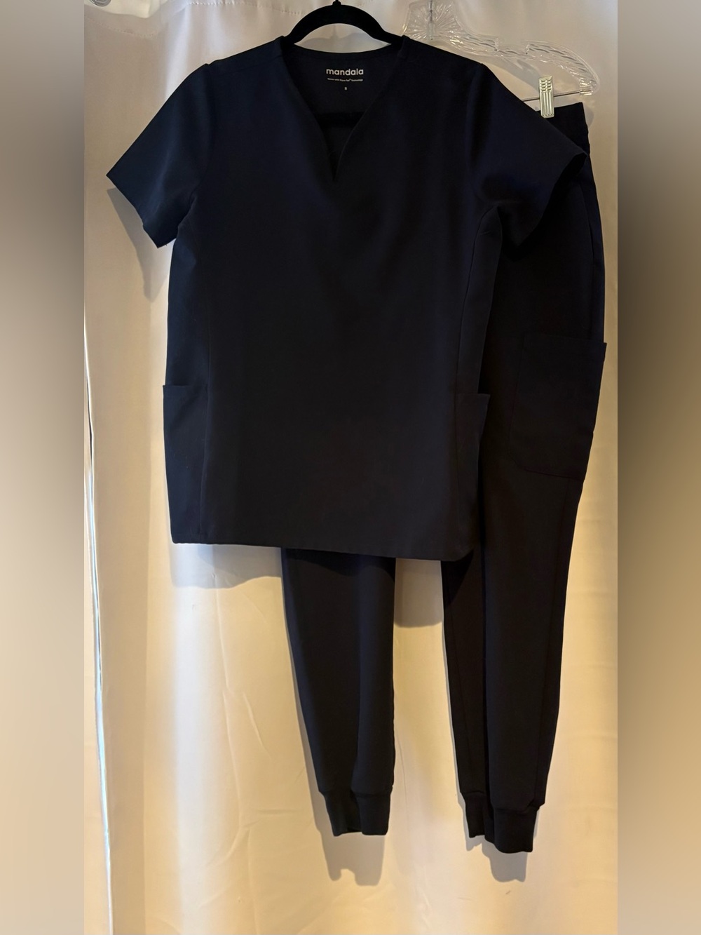 Mandala Women's Black Scrub Top (S) & Jogger Pants (M) Set